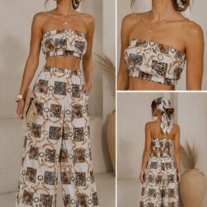 Desenli Straplez Crop Top & Bol Paça Pantolon Takım - Ekru